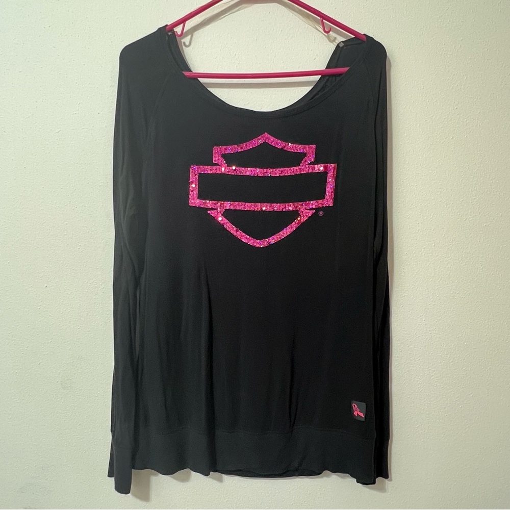 Harley Davidson Women’s L Cancer Awareness Black Riding Shirt Pink Sequin